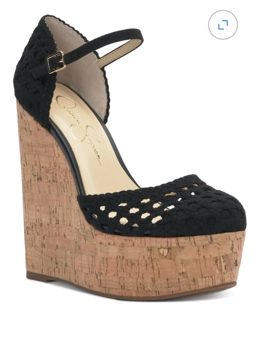 JESSICA SIMPSON Womens Black 2 Cork Wedge Woven Cut Out Marshela Round Toe sz 9